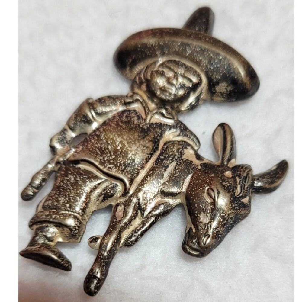 VINTAGE 1940s MEXICAN STERLING 925 BOY SOMBRERO HAT BURRO DONKEY BROOCH PIN - Picture 2 of 9